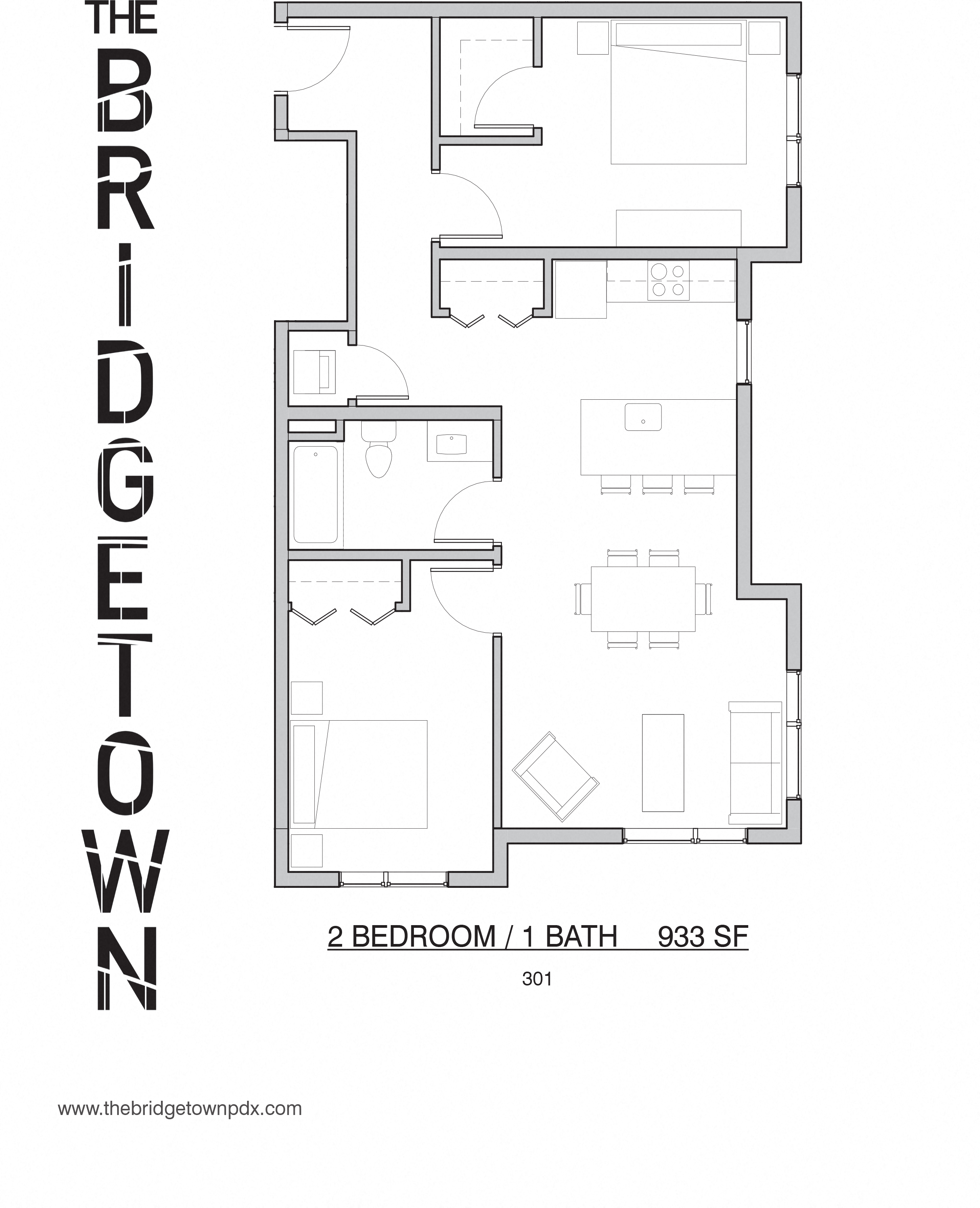 Floor plan for 2 beds, 1 bath, 933 sqft